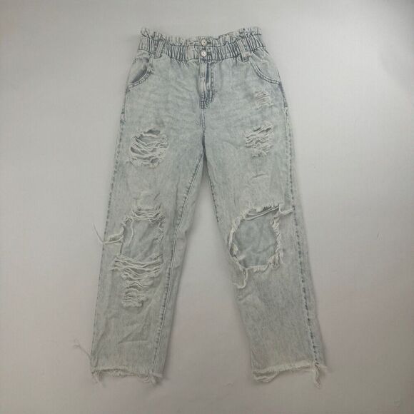 SO Women's Distressed Blue Denim High Rise Mom Jean Size 7/28W Paper Bag Waist - Picture 2 of 11